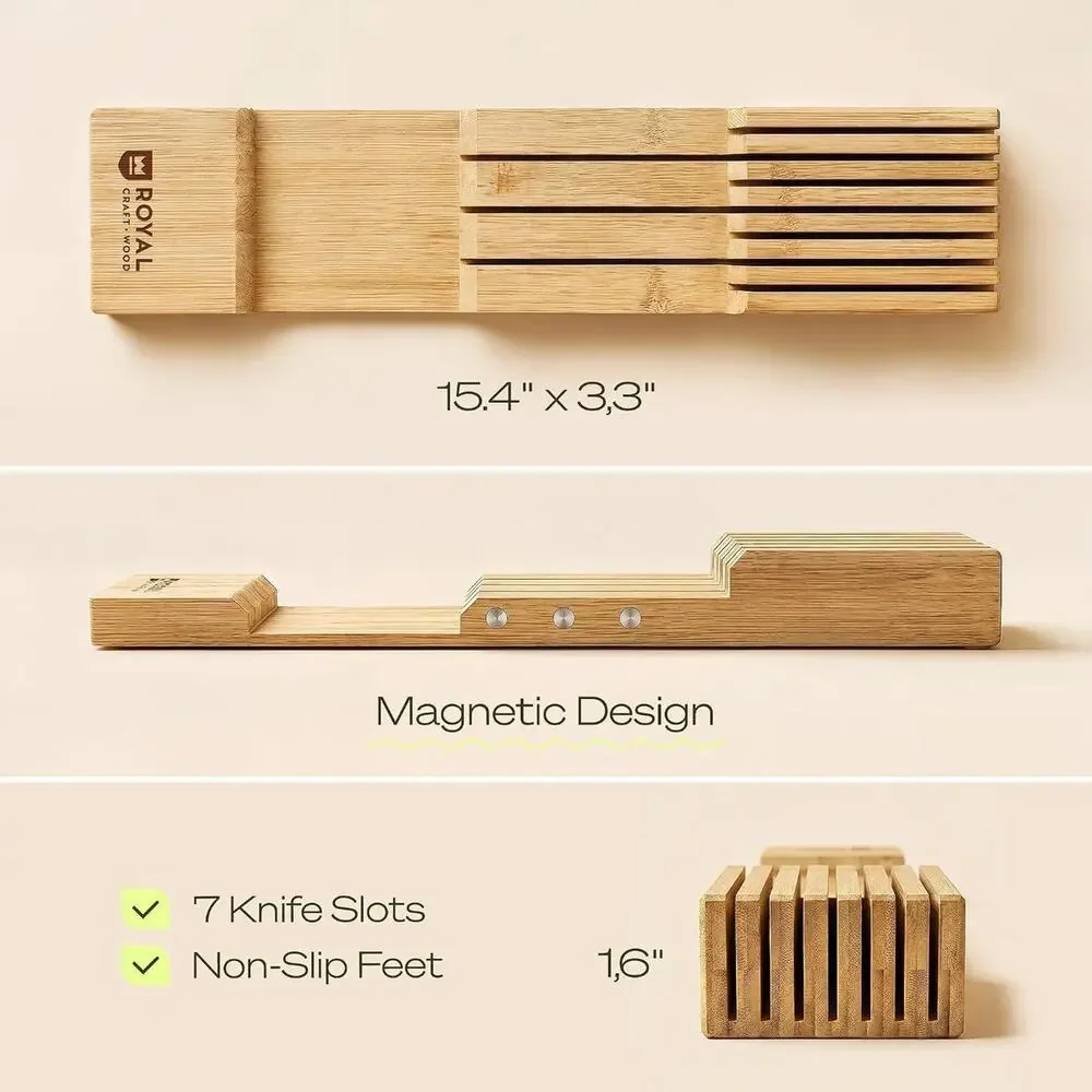 Bamboo Expandable Adjustable Silverware Drawer Organizer w/ Knife Block Kitchen